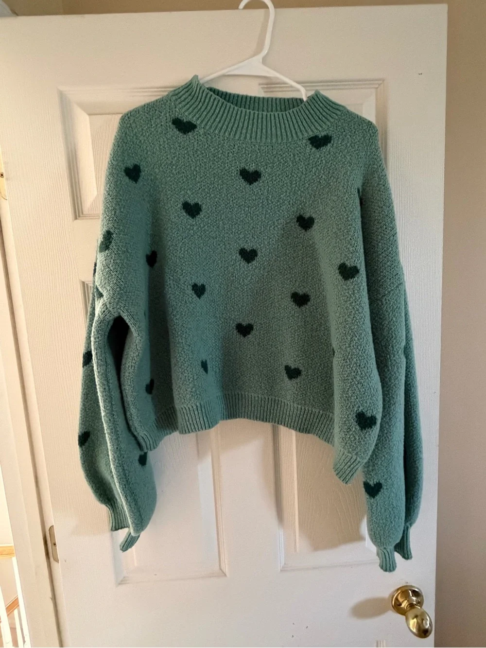 Mint Green Heart-Print Crewneck Sweater